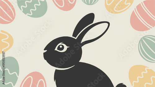 Black bunny silhouette faces left against pastel easter eggs background festive holiday scene