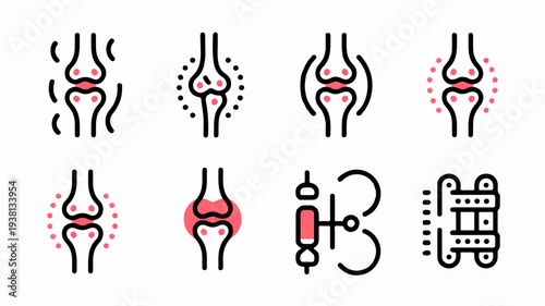 Knee pain and treatment illustrations joint inflammation and injection therapy icons