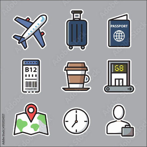 Airport Transportation Icons Set – Plane, Bus, Terminal, Luggage, Car and Pilot Flat Vector