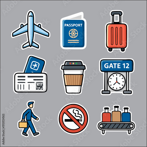 Airport Transportation Icons Set – Plane, Bus, Terminal, Luggage, Car and Pilot Flat Vector