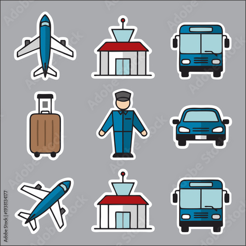 Airport Transportation Icons Set – Plane, Bus, Terminal, Luggage, Car and Pilot Flat Vector