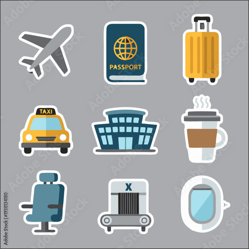 Airport Transportation Icons Set – Plane, Bus, Terminal, Luggage, Car and Pilot Flat Vector
