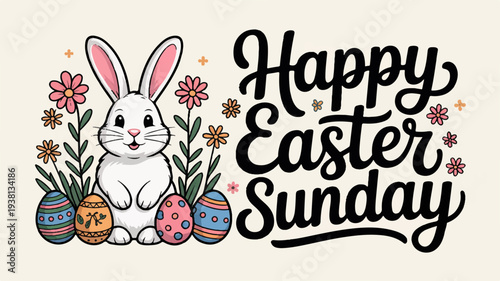 Easter bunny with colorful eggs and flowers on happy easter sunday greeting card