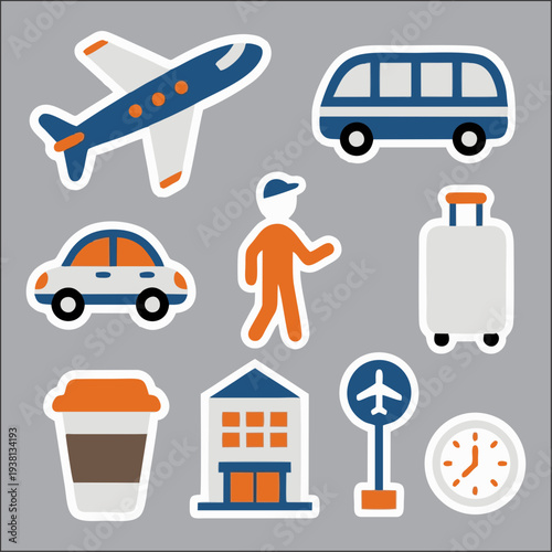 Airport Transportation Icons Set – Plane, Bus, Terminal, Luggage, Car and Pilot Flat Vector
