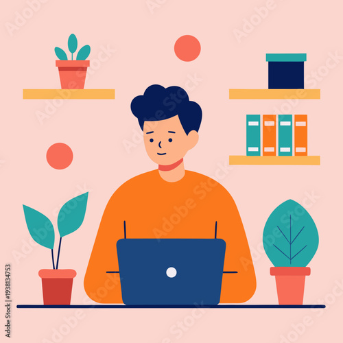 Young Freelancer Working at Cozy Home Office Desk Vector