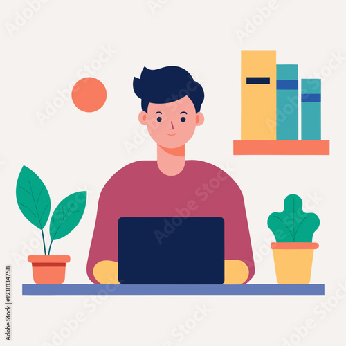 Young Freelancer Working at Cozy Home Office Desk Vector