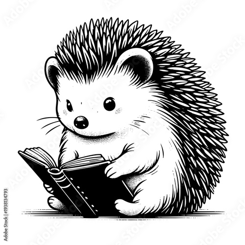 Adorable hedgehog character holding open book with curious expression. Educational animal illustration for library school bookstore and children publishing