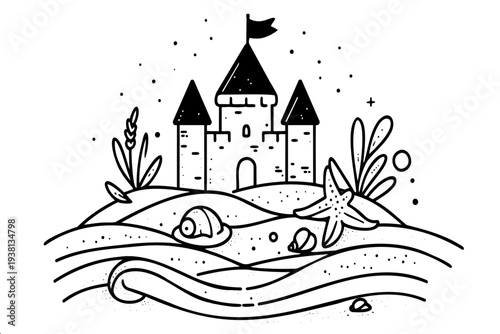 Fairy tale sand castle with towers flag shells and starfish on beach. Whimsical summer vacation illustration for travel tourism and kids activities