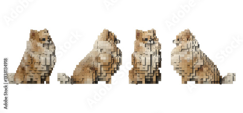 3D voxel Pomeranian dog set in pixel art style, four views of cute puppy isolated on transparent background