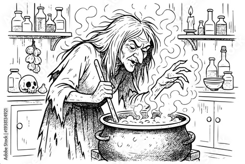 Black and white drawing of hag brewing spell in pot surrounded by skull garlic and candle for Halloween content