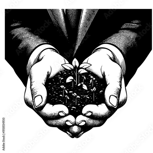 Black and white detailed engraving of cupped palms with earth and small plants for environmental and agriculture content