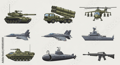 Collection of military vehicles and aircraft for war and defense.