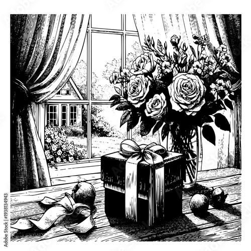 Black and white detailed drawing of present with ribbon bow and flowers on windowsill for celebration and greeting card design