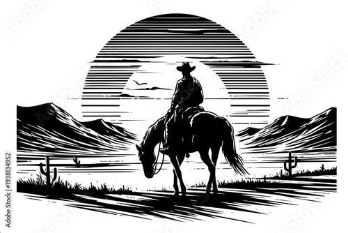 Black and white silhouette of rider on horseback with mountains cactus and sun for Western and country themed design