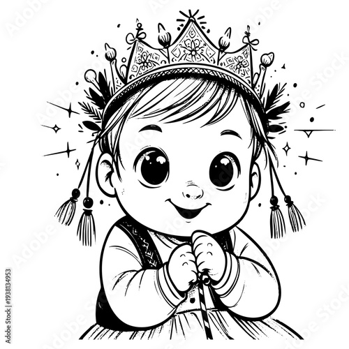 Black and white cartoon drawing of child wearing ornate tiara and folk dress for cultural and children content