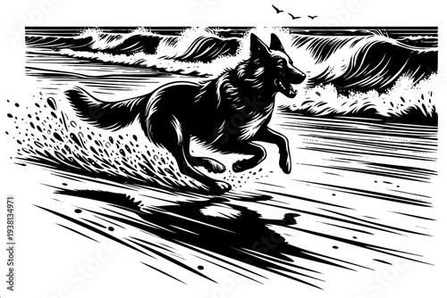 Black and white dynamic engraving of canine sprinting along shore with splashing water for pet and travel content