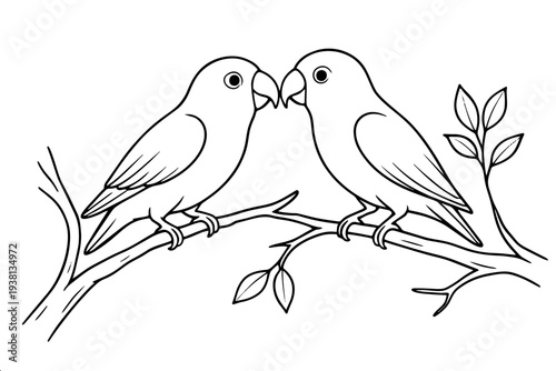 Black and white simple drawing of pair of parrots for wedding Valentine and romantic themed design