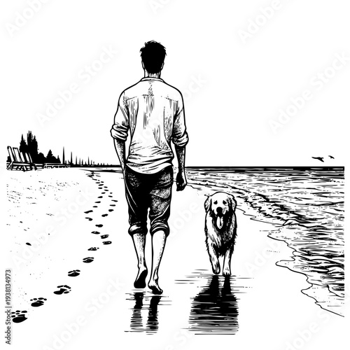 Black and white sketch of owner and pet strolling along shore with waves for lifestyle and travel content
