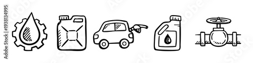 Set of hand-drawn doodle icons for oil and gas industry, including fuel canister, car fueling, engine oil, gear, and pipeline valve. Perfect for energy and automotive concepts.