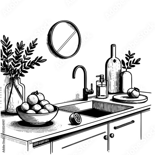 Black and white interior sketch of countertop with bowl cutting board and greenery for home decor content