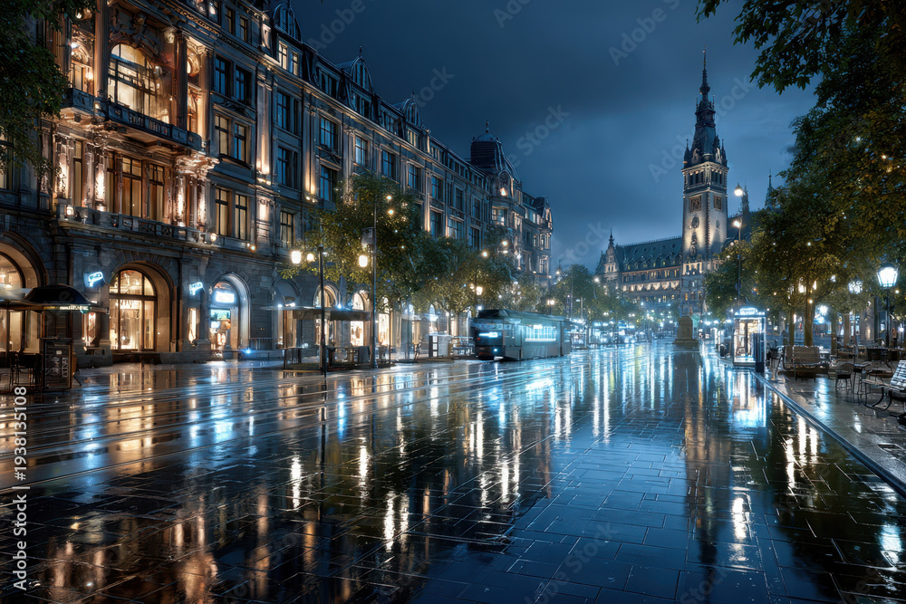 Obraz premium Rainy night street with tram and illuminated buildings