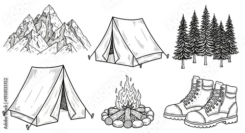 Hand drawn outdoor camping and hiking element set with tent mountain and campfire
