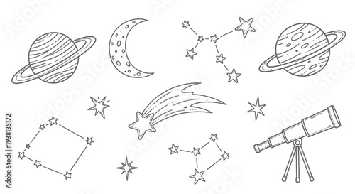 Hand drawn astronomy and outer space doodle set with planet star and telescope