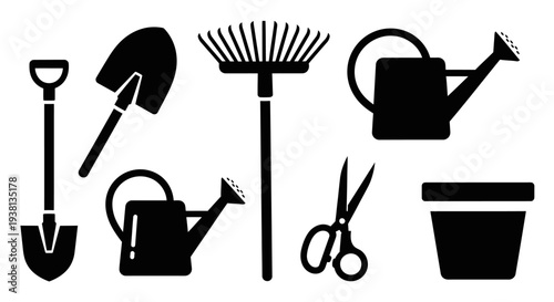 Black silhouette gardening tools and equipment set with shovel and rake