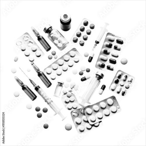 Halftone illustration of assorted medicine including pills, capsules, syringe, ampoule and blister pack. Black and white pharmaceutical concept representing healthcare, treatment, pharmacy and medical