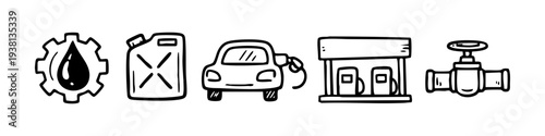 Hand-drawn doodle icons for oil and gas industry: petrol station, fuel canister, car refueling, gear with oil drop, and pipeline valve. Minimalist black ink sketch on white background.