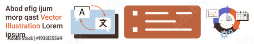 Language translation, workflow management, data analysis, productivity, multilingual communication, and analytics. Graphic icons for text conversion, task list and data chart. Translation