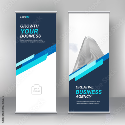 Vertical banner stand template design. vector abstract geometric background, modern x-banner and flag-banner advertising design element