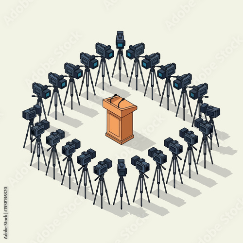 Podium surrounded by cameras in a press conference setup.