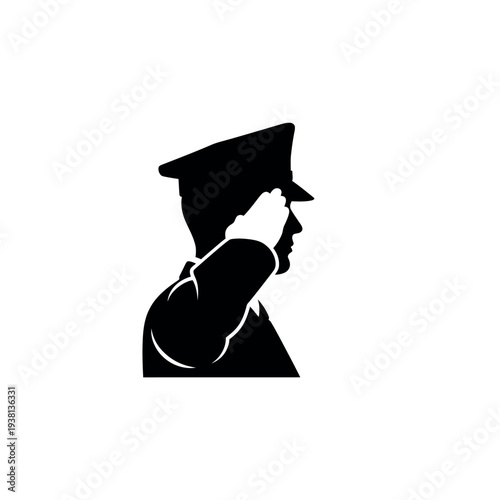 Silhouette of a saluting military officer in profile.