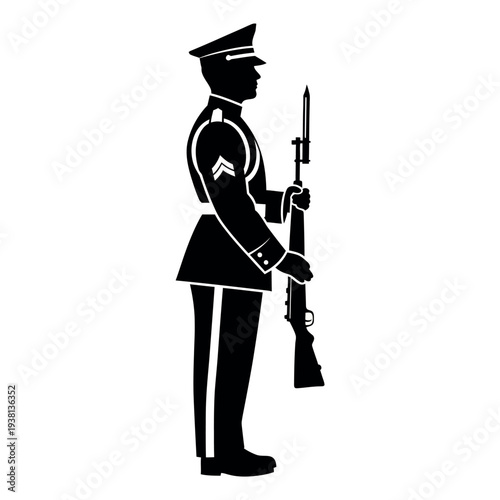 Silhouette of a soldier standing at attention with a rifle.