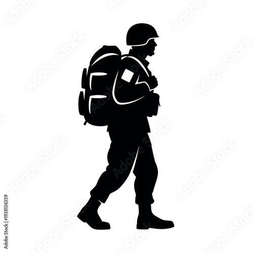 Silhouette of a soldier walking with a large backpack.