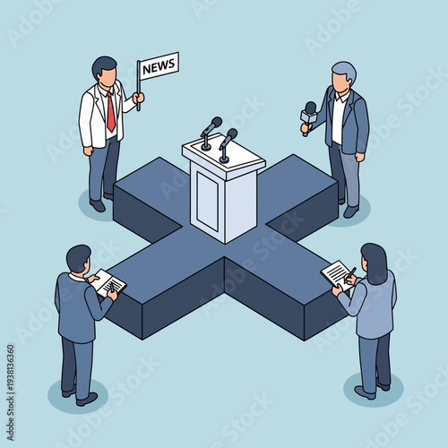 Political Debate Stage with Journalists and Speaker.