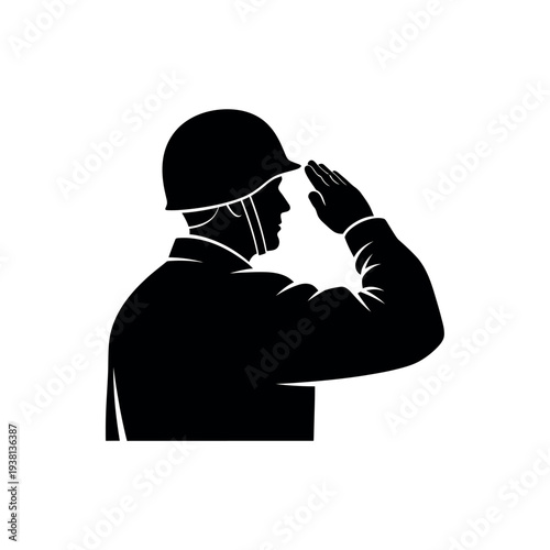 Soldier in profile saluting black and white illustration.