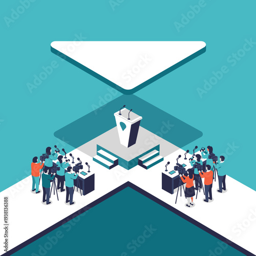 Political Debate Stage with Speakers and Audience.