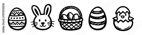 Hand-drawn Easter icon set in a doodle style, featuring a bunny, decorated eggs, a basket, and a chick hatching from a shell. Simple black and white line art for spring holiday decorations.