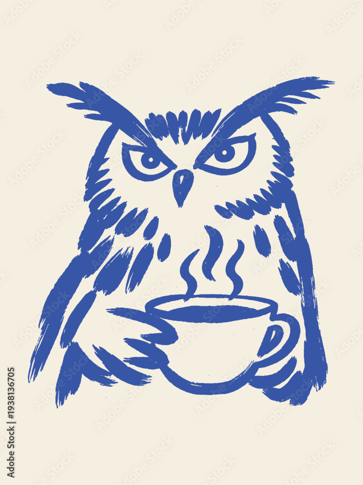 Fototapeta premium Owl with coffee cup naive brush sketch vector illustration