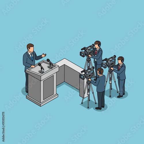 Politician Speaking at Podium with News Cameras Recording the Event.