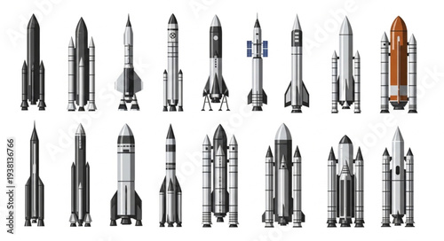 Collection of various rockets and spacecraft illustrations.