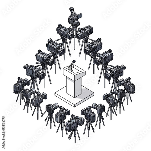 Press conference podium surrounded by many video cameras ready to film.