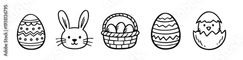 Hand-drawn black and white Easter icon set with a bunny, hatching chick, basket, and decorated eggs. Cute doodle style line art for spring holidays, coloring pages, and creative craft projects.