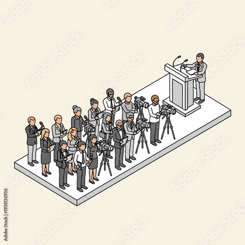 Press conference with reporters and cameras covering a speaker at a podium.