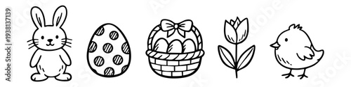 Cute hand-drawn Easter line art icon set featuring a bunny, decorated egg, basket, tulip, and baby chick. Simple black and white doodles for holiday crafts, coloring pages, and stickers.