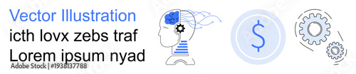 Artificial intelligence, innovation, financial analysis, data processing, digital economy, automation. Head with brain and gear, dollar icon gear outline. Artificial intelligence and innovation