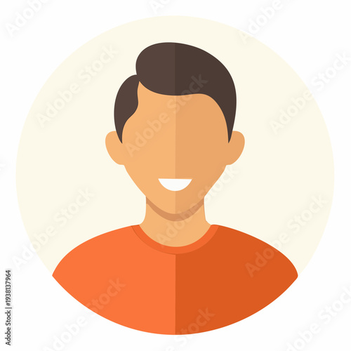 Smiling man icon, flat vector portrait with orange shirt