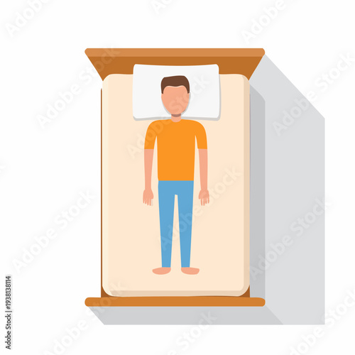Top-down view of cartoon male figure lying on a bed, resting, sleeping peacefully, indoors